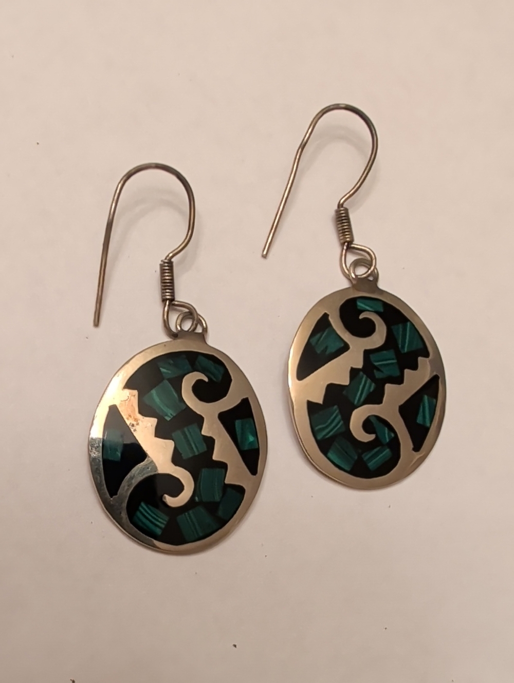 Alpaca Oval Drop Earrings with Green Inlay